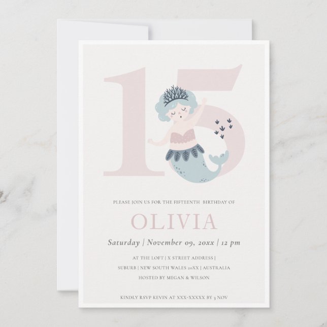 Cute Little Pink Blue Mermaid 15th Birthday Invite (Front)