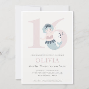 Cute Little Pink Blue Mermaid 16th Birthday Invite