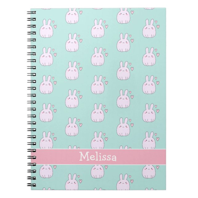 Cute Little Pink Bunnies Aqua Green Kids Notebook (Front)
