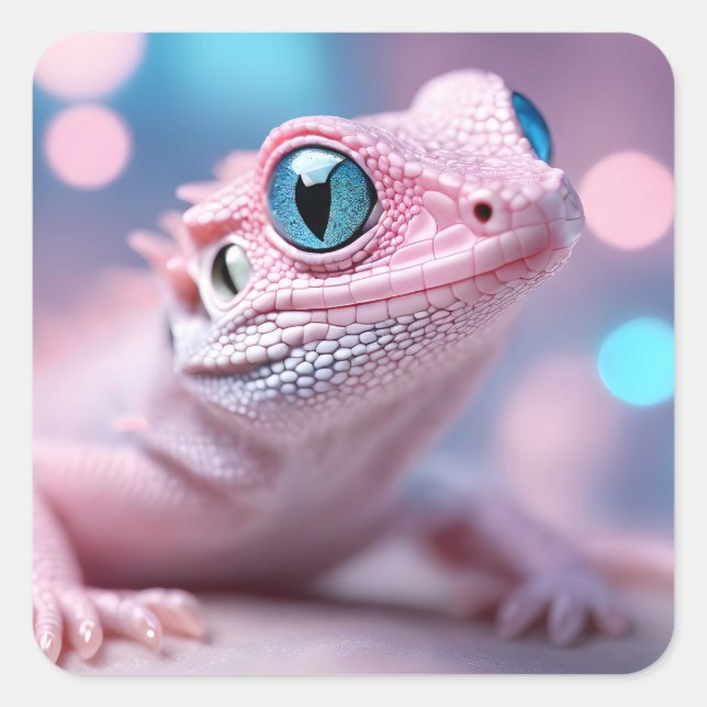 Cute Little Pink Lizard with Big Blue Eyes Square Sticker (Front)