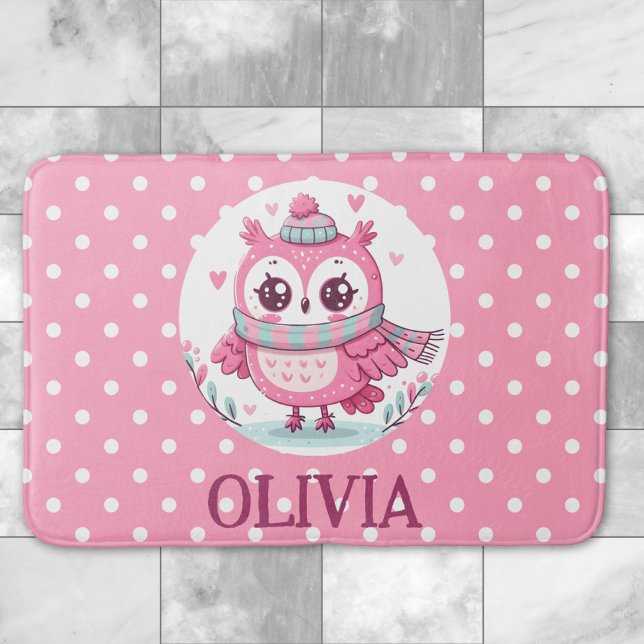 Cute Little Pink Owl and Polka Dots Bath Mat (Creator Uploaded)