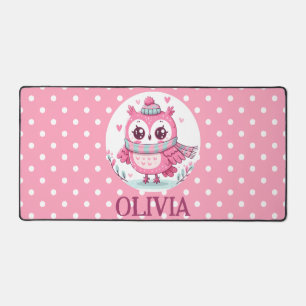 Cute Little Pink Owl and Polka Dots Desk Mat