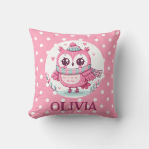 Cute Little Pink Owl and Polka Dots Throw Pillow
