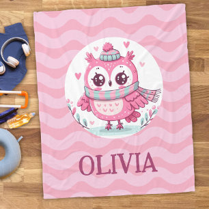 Cute Little Pink Owl Wearing Scarf and Hood Fleece Blanket