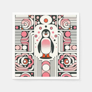 Cute Little Pink Salmon Penguin in Retro 60s Napkin