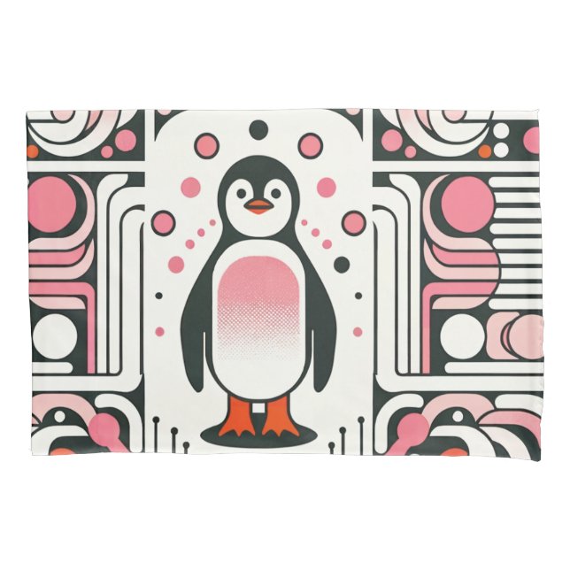 Cute Little Pink Salmon Penguin in Retro 60s Pillowcase (Front)