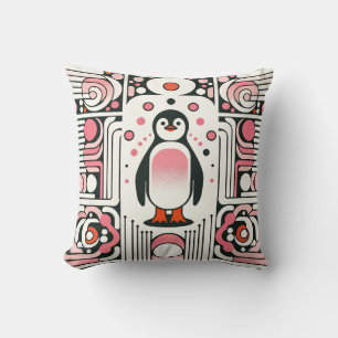 Cute Little Pink Salmon Penguin in Retro 60s Throw Pillow