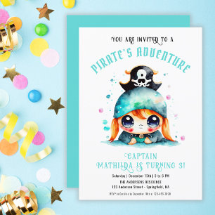 Cute Little Pirate Girl Turquoise Birthday Invitation