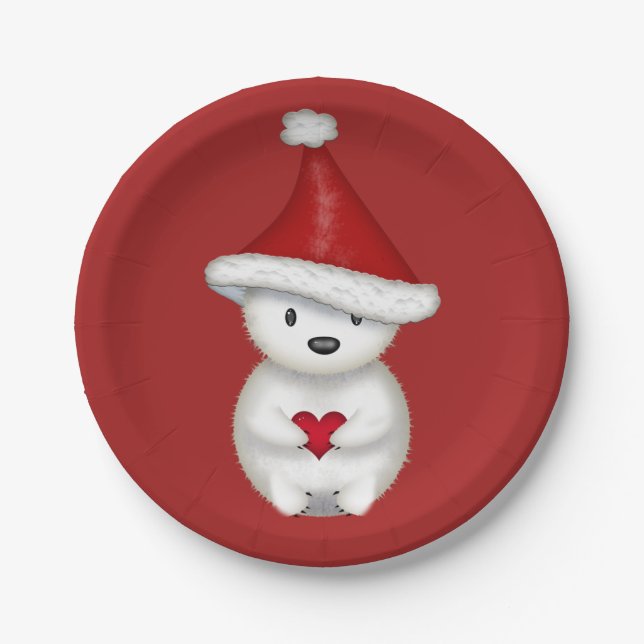 Cute Little Polar Bear with Heart Paper Plate (Front)
