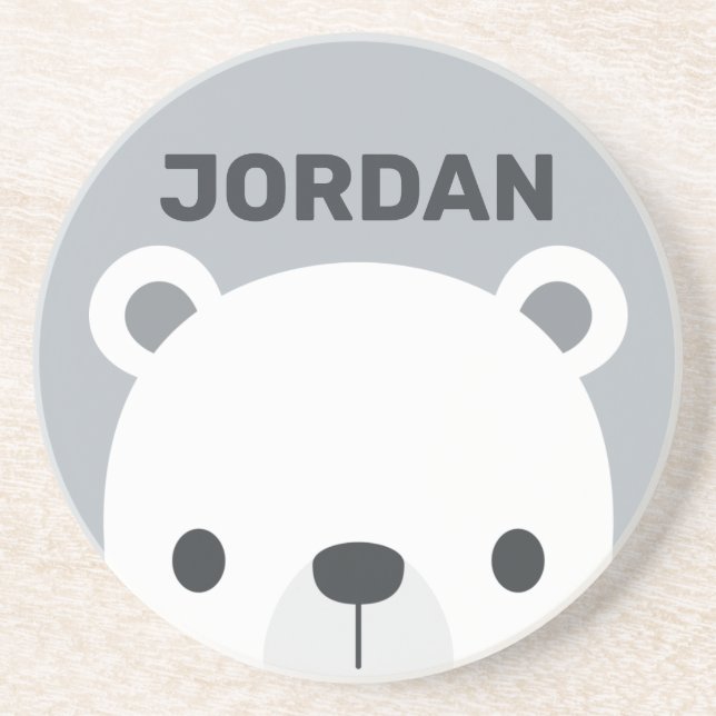 Cute Little Polar Bear with Personalized Name Coaster (Front)