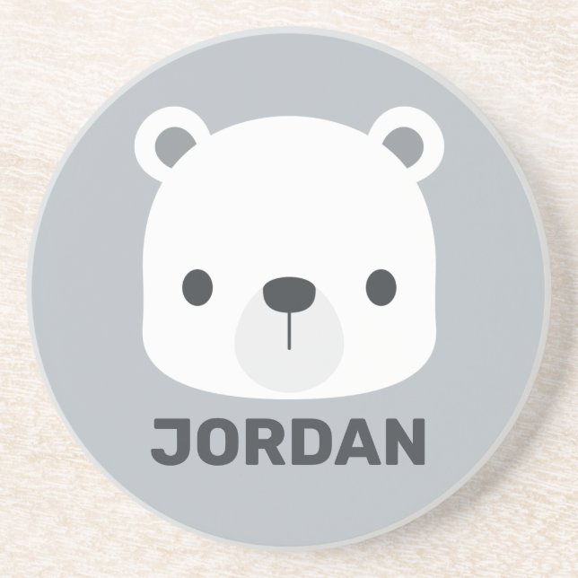 Cute Little Polar Bear with Personalized Name Coaster (Front)