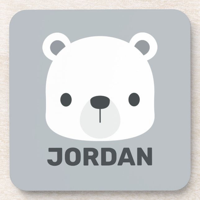 Cute Little Polar Bear with Personalized Name Coaster (Front)