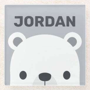 Cute Little Polar Bear with Personalized Name Glass Coaster