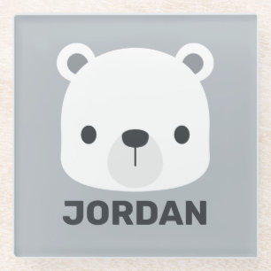 Cute Little Polar Bear with Personalized Name Glass Coaster