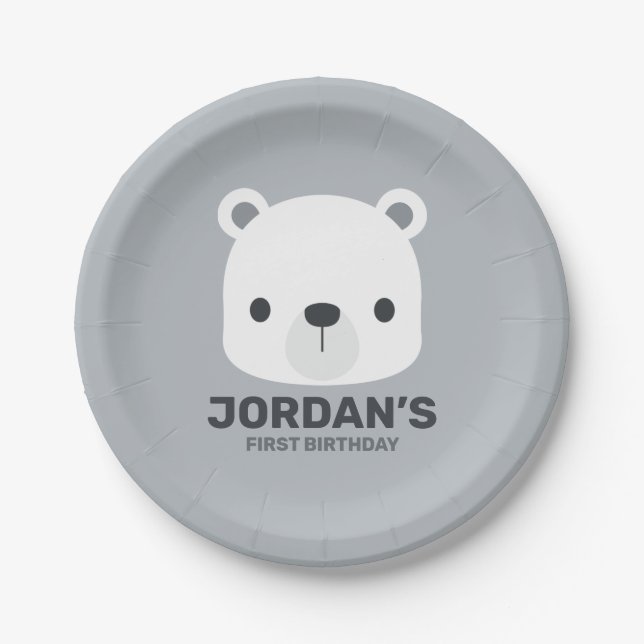 Cute Little Polar Bear with Personalized Name Paper Plate (Front)