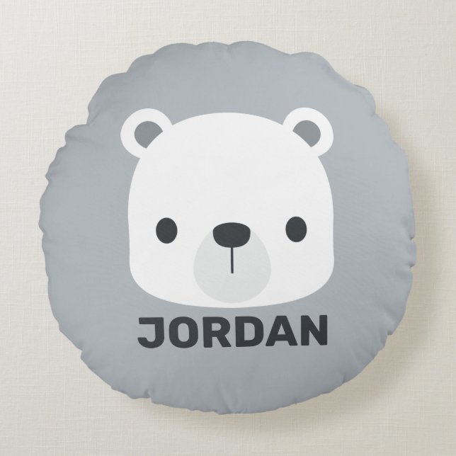 Cute Little Polar Bear with Personalized Name Round Pillow (Front)