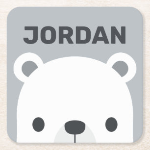Cute Little Polar Bear with Personalized Name Square Paper Coaster