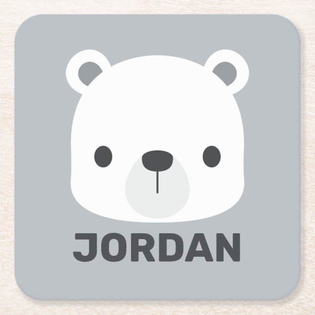 Cute Little Polar Bear with Personalized Name Square Paper Coaster (Front)
