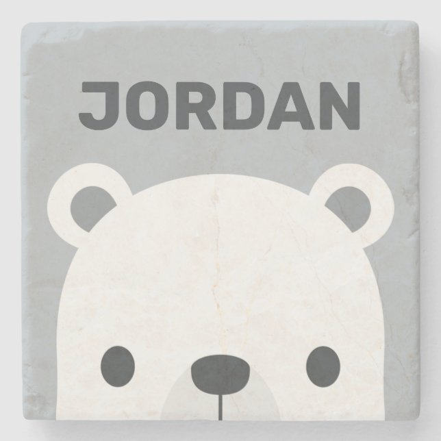 Cute Little Polar Bear with Personalized Name Stone Coaster (Front)