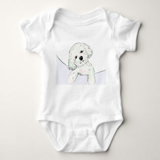 Cute little poodle in a pocket baby bodysuit
