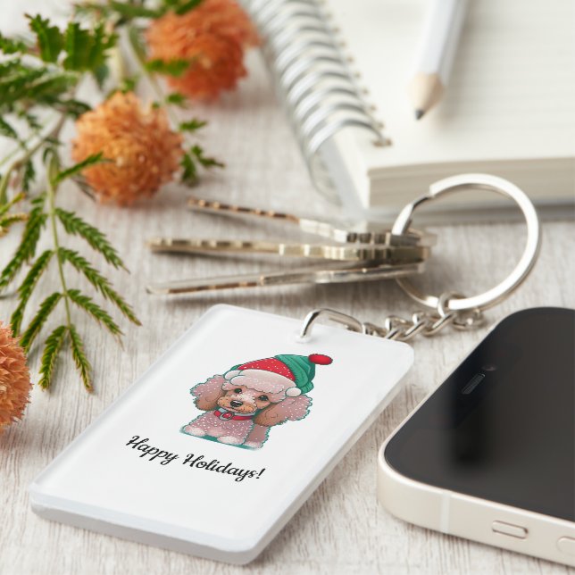 Cute little poodle with a Christmas Hat Keychain (Front Right)