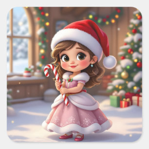 Cute little princess with Christmas hat Square Sticker
