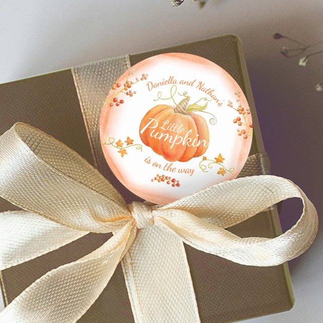 Cute little pumpkin baby shower watercolor classic round sticker (Creator Uploaded)