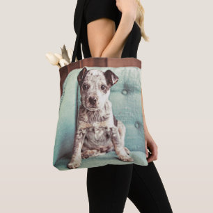 Cute Little Puppy On Teal Chair Tote Bag