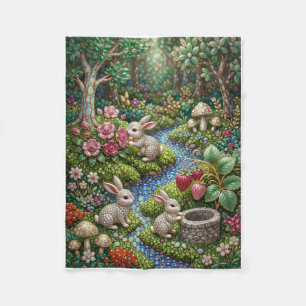 Cute Little Rabbits Playing In Enchanted Green For Fleece Blanket