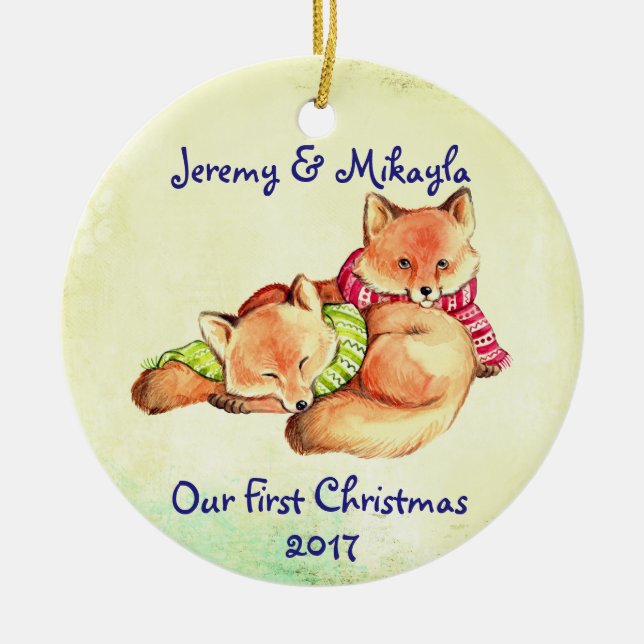 Cute Little Red Foxes "Our First Christmas" Ceramic Ornament (Front)