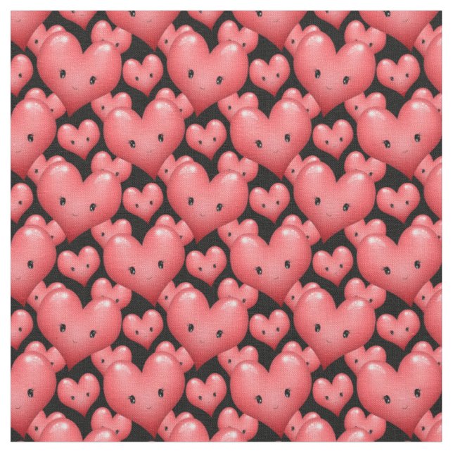 Cute Little Red Hearts with Faces Fabric (Close Up)