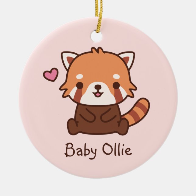 Cute Little Red Panda Doodle Kids Personalized Ceramic Ornament (Front)