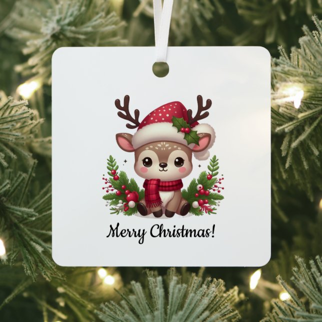 Cute little reindeer with Christmas Hat Metal Ornament (Insitu)