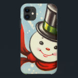 Cute Little Retro Snowman iPhone 11 Case<br><div class="desc">Vintage colour illustration of a cute round snowman head with black top hat and red scarf trimmed in green.</div>