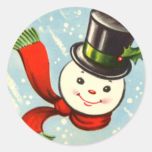 Cute Little Retro Snowman Classic Round Sticker (Front)