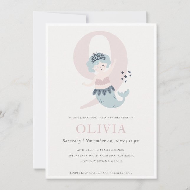 Cute Little Rose Blue Mermaid 9e Invitation d'anni (Devant)