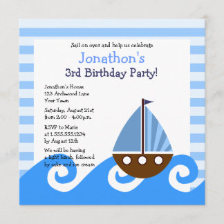 Cute Little Sailboat Blue Birthday Invite 5.25"