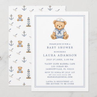 Cute Little Sailor Teddy Bear Baby Shower Invitation