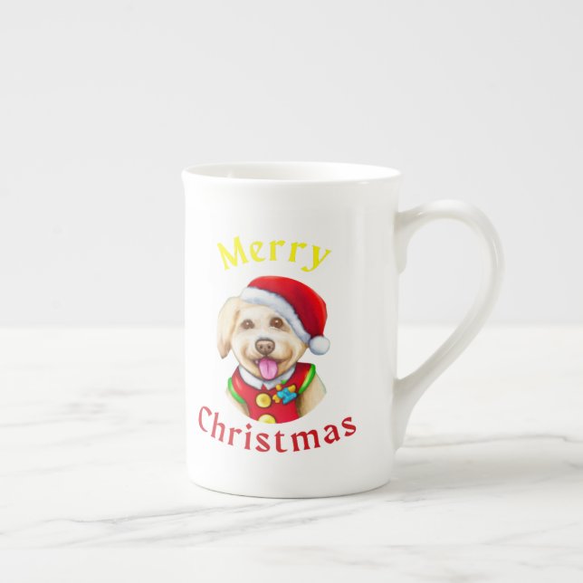 Cute Little Santa Pup Happy Christmas Bone China Mug (Right)