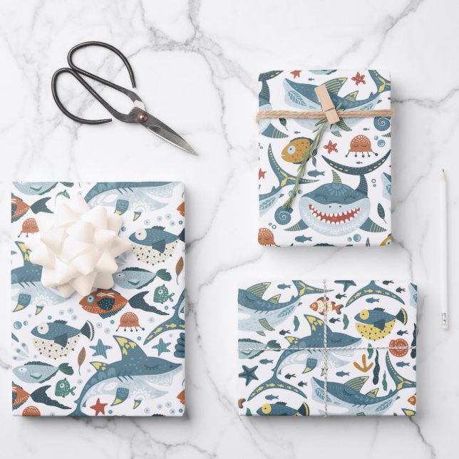 Cute Little Shark Under The Sea Animal Wrapping Paper Sheet (Front)