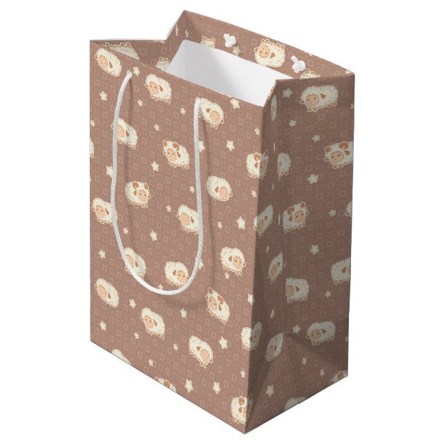 Cute Little Sheep Pattern on Brown Medium Gift Bag (Back Angled)
