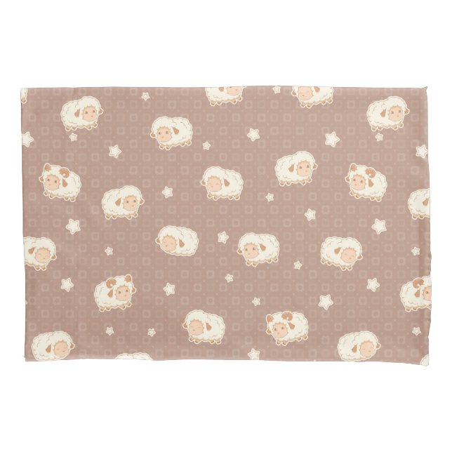 Cute Little Sheep Pattern on Brown Pillowcase (Front)