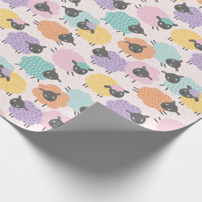 Cute Little Sheep pink lilac mint orange on cream Wrapping Paper (Corner)