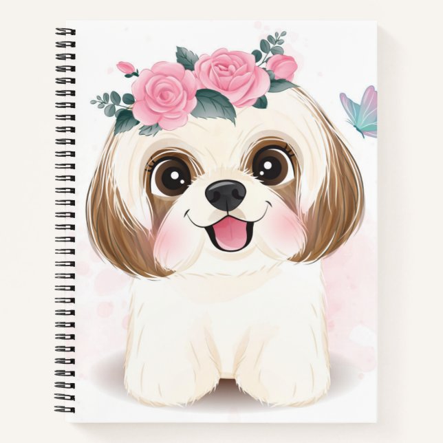 Cute little shih tzu with floral illustration notebook (Front)