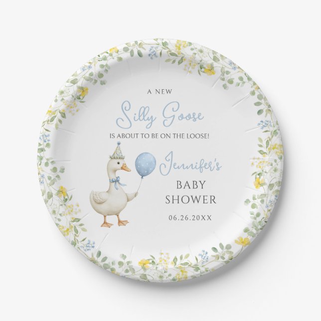 Cute Little Silly Goose Baby Boy Shower Paper Plate (Front)