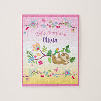 cute little sloth on pink and yellow background jigsaw puzzle