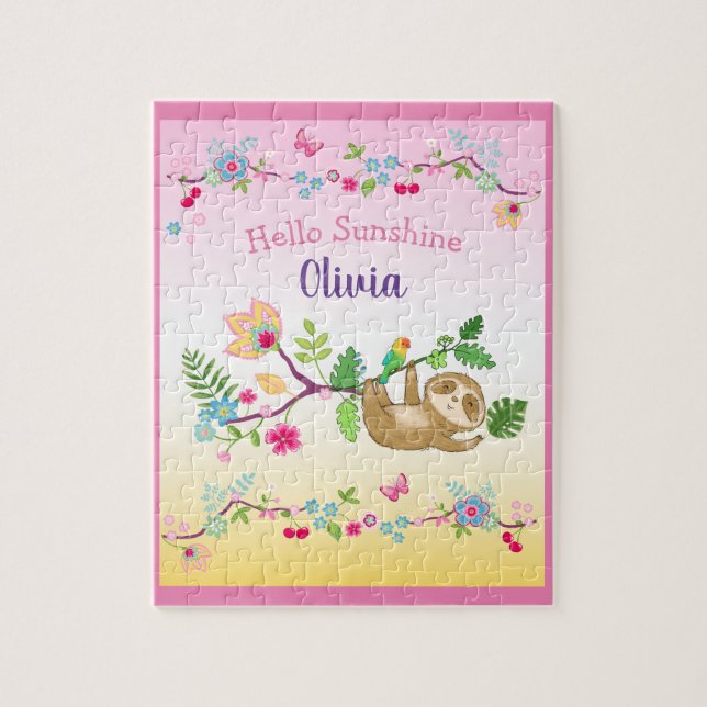 cute little sloth on pink and yellow background jigsaw puzzle (Vertical)
