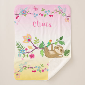 Cute little sloth on pink and yellow background sherpa blanket