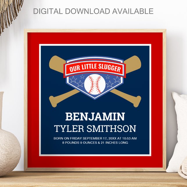 Cute Little Slugger Baseball Baby Birth Stats Poster (Creator Uploaded)