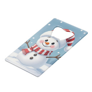 Cute little snowman with scarf & hat credit card bottle opener